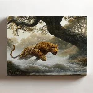 (20 x 16 x 1.25 IN) Gallery Wrapped Canvas Wall Art Print of Abstract Expressionism - Golden Panther Crossing a Misty River in an Old Oak Forest; Evoking Primal Instinct - Stunning - 925UNCAi463503WH