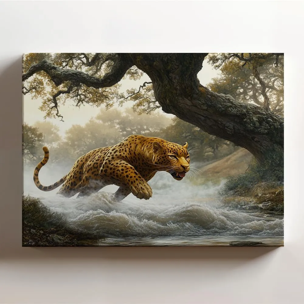 (20 x 16 x 1.25 IN) Gallery Wrapped Canvas Wall Art Print of Abstract Expressionism - Golden Panther Crossing a Misty River in an Old Oak Forest; Evoking Primal Instinct - Stunning - 925UNCAi463503WH