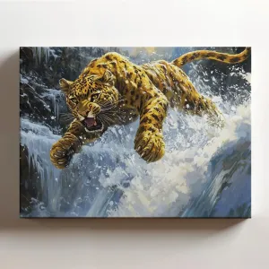 (20 x 16 x 1.25 IN) Gallery Wrapped Canvas Wall Art Print of Captivating Abstract Expressionism Wall Art : Golden Panther Magnificently Charging Through Snow by a Waterfall Edge, Sy - 925UNCAi464503WH
