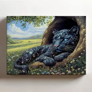 (20 x 16 x 1.25 IN) Gallery Wrapped Canvas Wall Art Print of Celestial Panther : Stunning Graffiti Art of a Starry-Furred Panther Resting in a Tree Hollow Surrounded by Wildflowers; - 925UNCAi464603WH