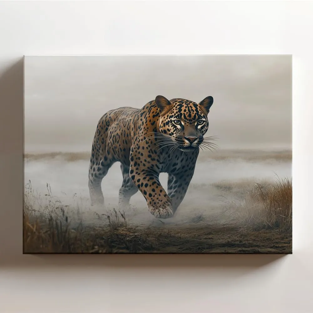 (20 x 16 x 1.25 IN) Gallery Wrapped Canvas Wall Art Print of Cyberpunk Art: Spotted Jungle Panther Walking Through a Foggy Valley in a Wild Prairie Landscape, Evoking Melancholy Aes - 925UNCAi459603WH