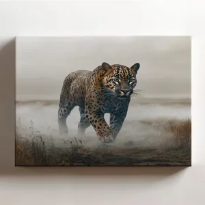 (20 x 16 x 1.25 IN) Gallery Wrapped Canvas Wall Art Print of Cyberpunk Art: Spotted Jungle Panther Walking Through a Foggy Valley in a Wild Prairie Landscape, Evoking Melancholy Aes - 925UNCAi459603WH