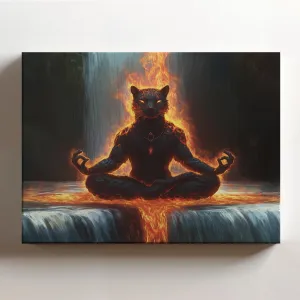 (20 x 16 x 1.25 IN) Gallery Wrapped Canvas Wall Art Print of Neoclassicism : Artistic Fire Panther in Meditation at a Waterfall Edge, Capturing the Essence of Nature and Silent Cont - 925UNCAi462303WH