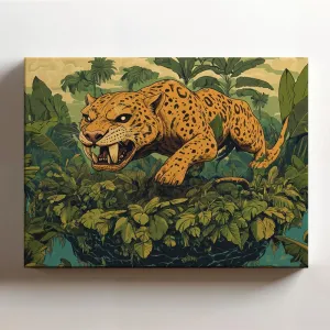 (20 x 16 x 1.25 IN) Gallery Wrapped Canvas Wall Art Print of Ukiyo-e Wall Art : Mythological Saber-tooth Panther Hunting in a Dense Jungle on a Floating Island - Evoking Ancient Pow - 925UNCAi457903WH