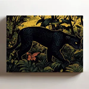 (20 x 16 x 1.25 IN) Gallery Wrapped Canvas Wall Art Print of Woodcut : Shadow Panther Silently Blending into Darkness in a Dense Jungle, Evoking Contemplation and Mystery - Unique W - 925UNCAi458403WH