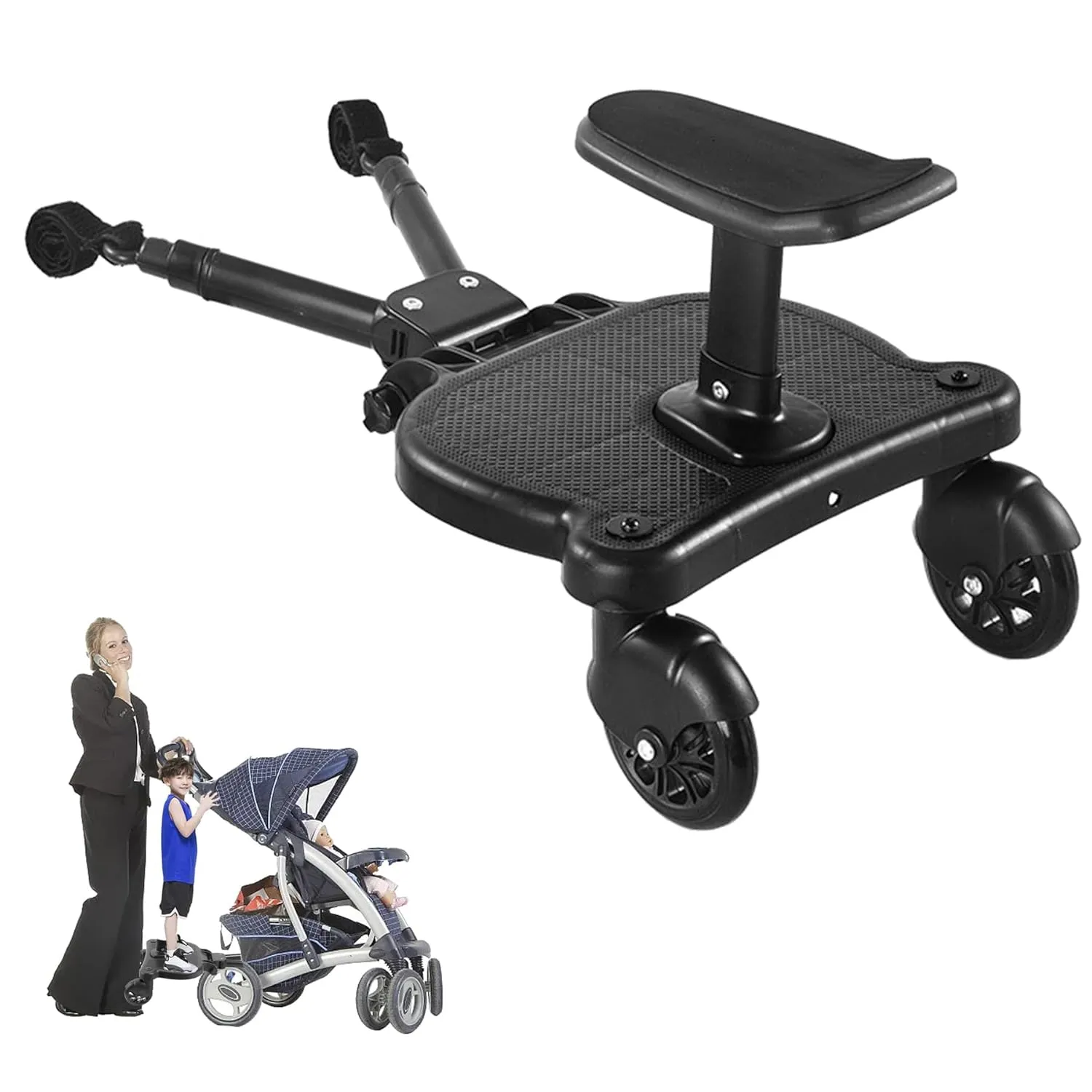 2024 New-Universal Stroller Board with Detachable Seat, 2in1 Sit and Stand Stroller Glider Board for Most Strollers, Holds Children Up to 55 LBs Stroller Standing Board (Black)