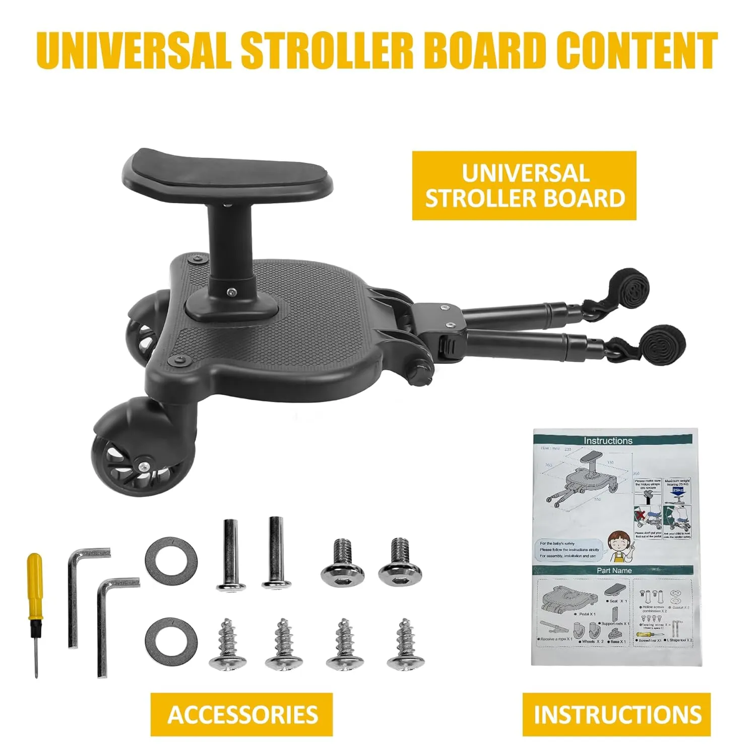 2025 New-Universal Stroller Board with Detachable Seat, 2in1 Sit and Stand Stroller Glider Board for Most Strollers, Holds Children Up to 55 LBs Stroller Standing Board (Black)