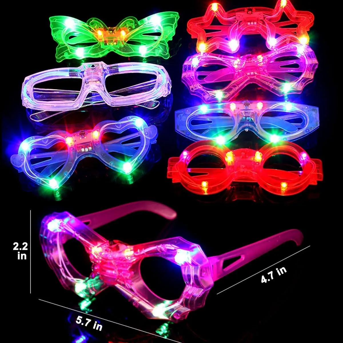 24 Packs LED Glasses for kids Glow in the dark Party Supplies Favor,6 LED 6 Shapes Glasses Flashing Plastic Light up Glass Toys Bulk 3 Replaceable Battery fit EASTER Graduation Party Supplies 2025