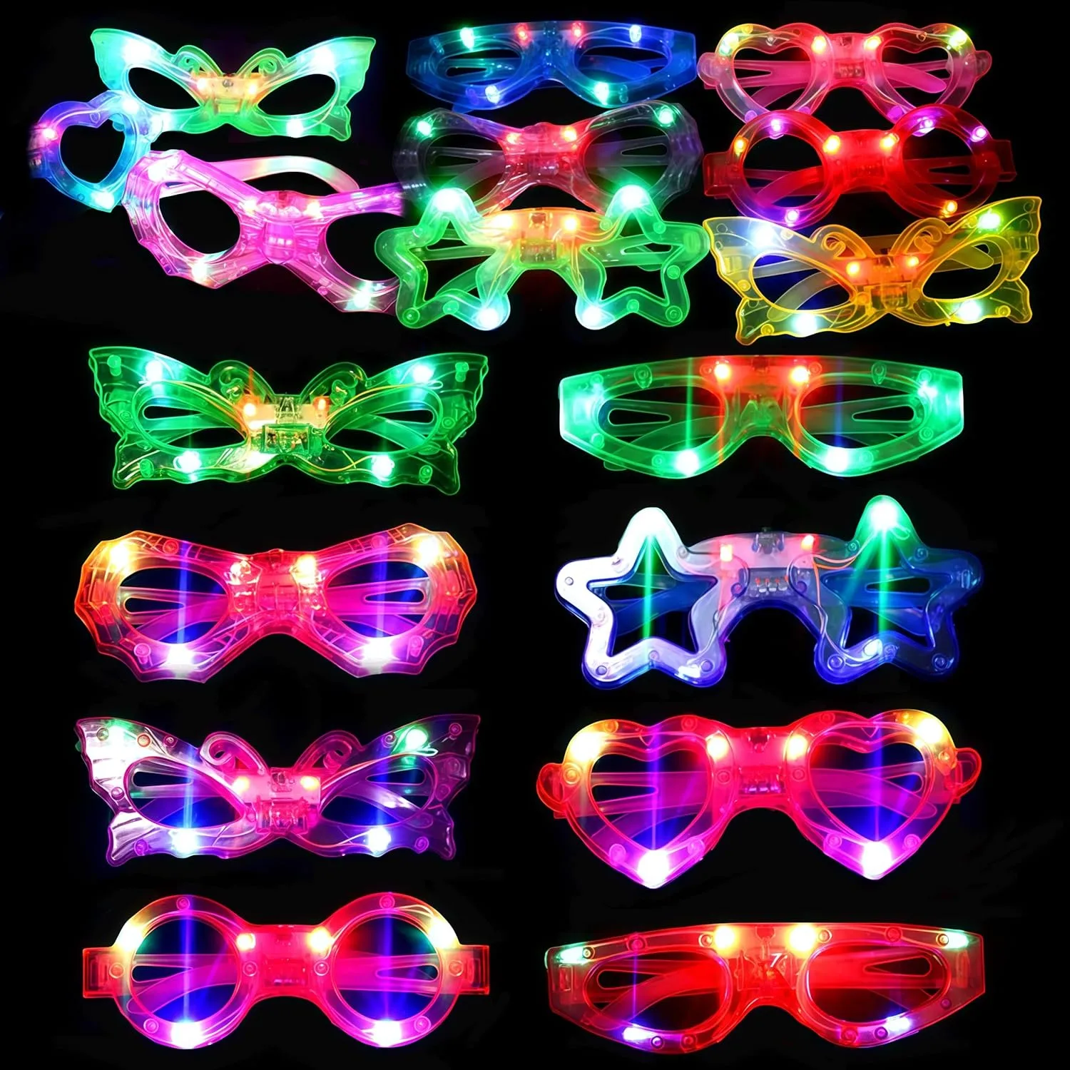 24 Packs LED Glasses for kids Glow in the dark Party Supplies Favor,6 LED 6 Shapes Glasses Flashing Plastic Light up Glass Toys Bulk 3 Replaceable Battery fit EASTER Graduation Party Supplies 2025