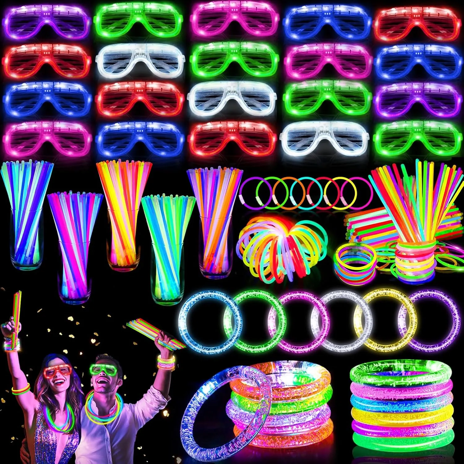 248 PCS Glow in the Dark New Years Eve Party Supplies Favors, 24 LED Glasses, 24 Flashing Bracelets and 200 Glow Sticks Bulk Party Pack Neon Rave Party Favors for 4th of July Birthday Wedding Concert