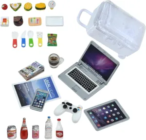 27 Pieces Dollhouse Mini Laptop Tablet and Smart Phone Newspaper Book Miniatures Hamburger Cake Coffee Juice Trolley case DIY Play Game Party Toys Accessories (Silver Set)