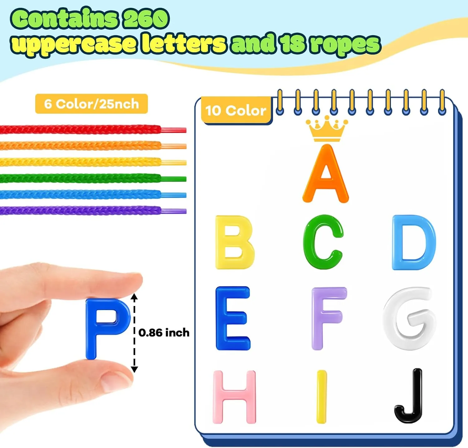 278 Pcs Lacing Letters Beads, Uppercase Alphabet Learning Toys, 10 Color Rainbow Alphabet Beads with 18 Laces, Preschool & Home Educational Toy for Kids Ages 3 , Back to School Supplies