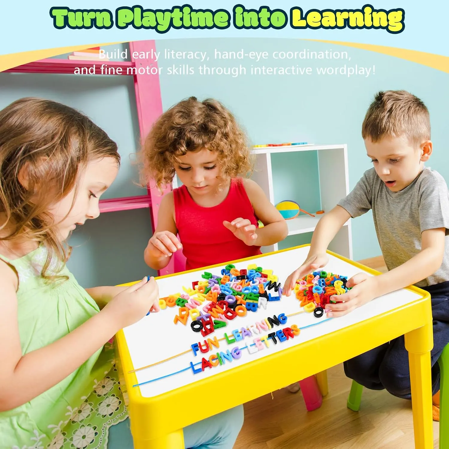 278 Pcs Lacing Letters Beads, Uppercase Alphabet Learning Toys, 10 Color Rainbow Alphabet Beads with 18 Laces, Preschool & Home Educational Toy for Kids Ages 3 , Back to School Supplies