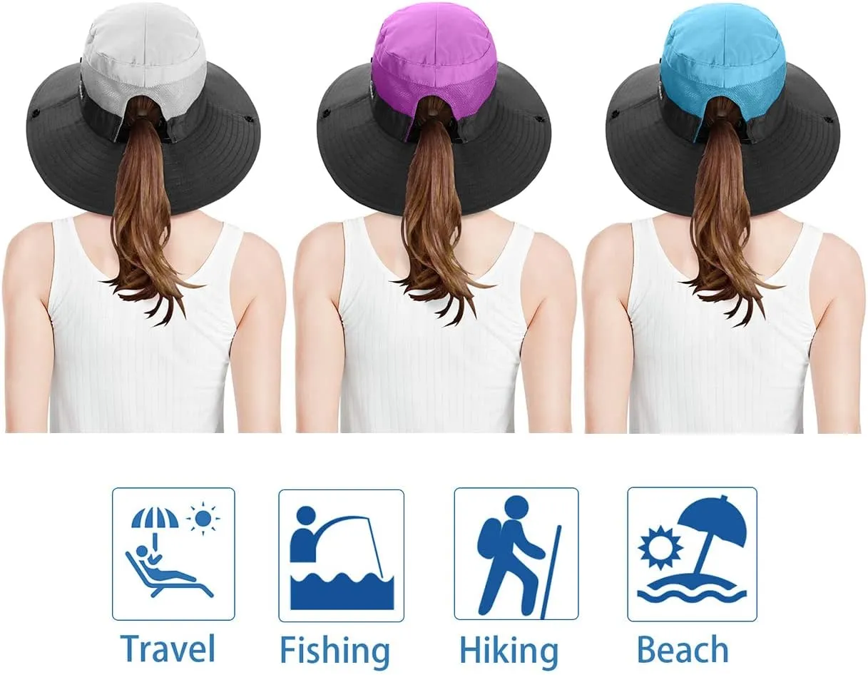 3 Pieces Womens Ponytail Wide Brim Sun Hat Packable UV Protection Beach Cap for Fishing & Hiking