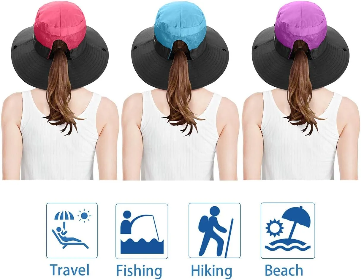 3 Pieces Womens Ponytail Wide Brim Sun Hat Packable UV Protection Beach Cap for Fishing & Hiking