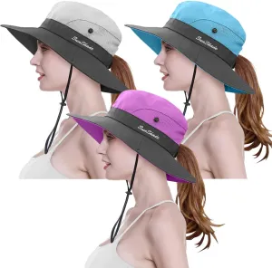 3 Pieces Womens Ponytail Wide Brim Sun Hat Packable UV Protection Beach Cap for Fishing & Hiking