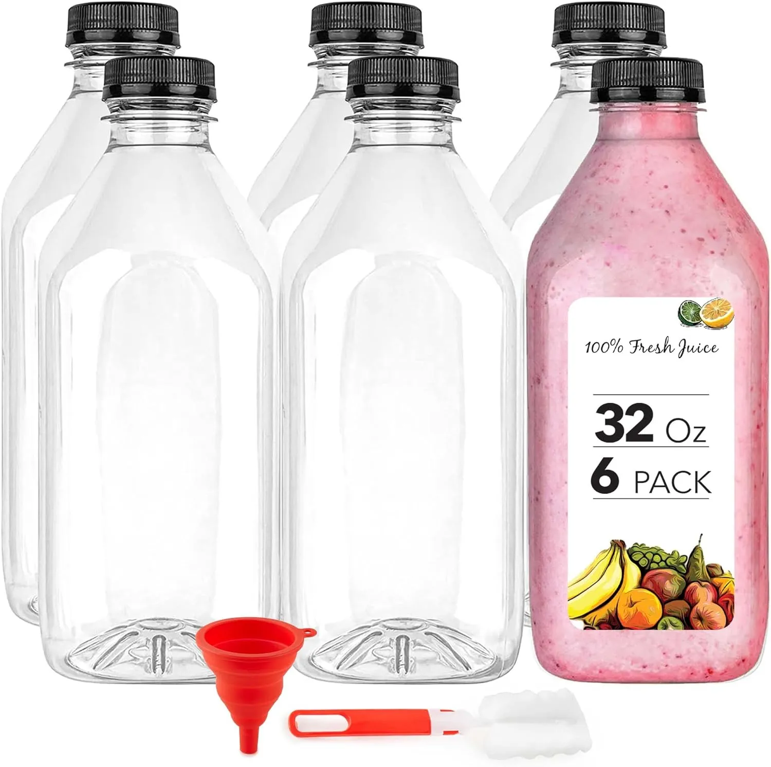 32 Oz Juice Bottles with Caps (6 Pack) - Reusable Clear Plastic Drink Containers for Mini Fridge - Water Bottles Bulk - Includes Labels, Brush & Funnel