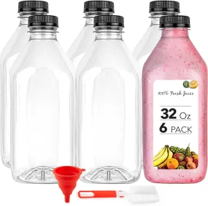 32 Oz Juice Bottles with Caps (6 Pack) - Reusable Clear Plastic Drink Containers for Mini Fridge - Water Bottles Bulk - Includes Labels, Brush & Funnel