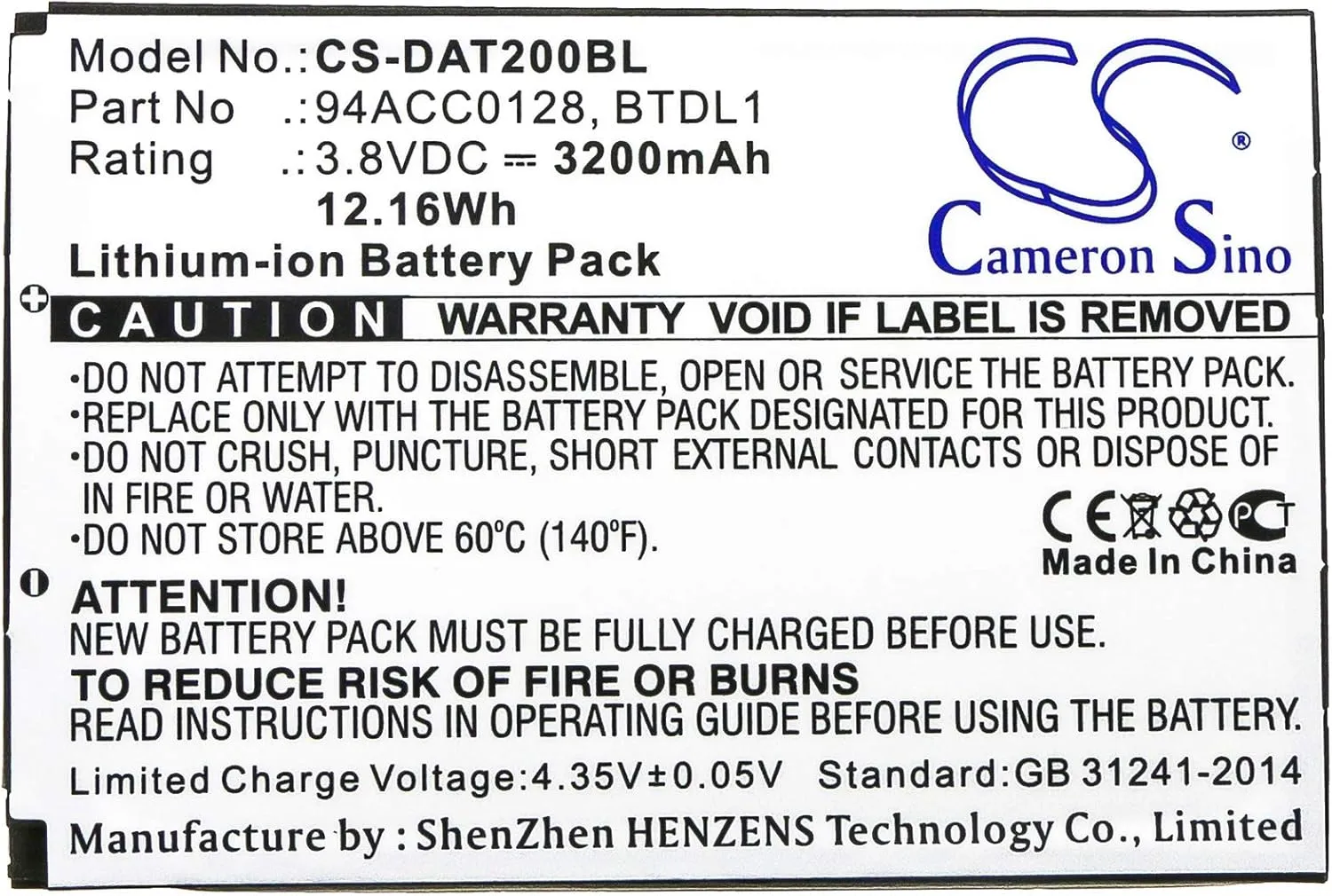 3200mAh / 12.16Wh Replacement Battery for Datalogic Axist, DL-Axist, 3H21-00000491, 94ACC0128, 94ACC0129, BTDL1