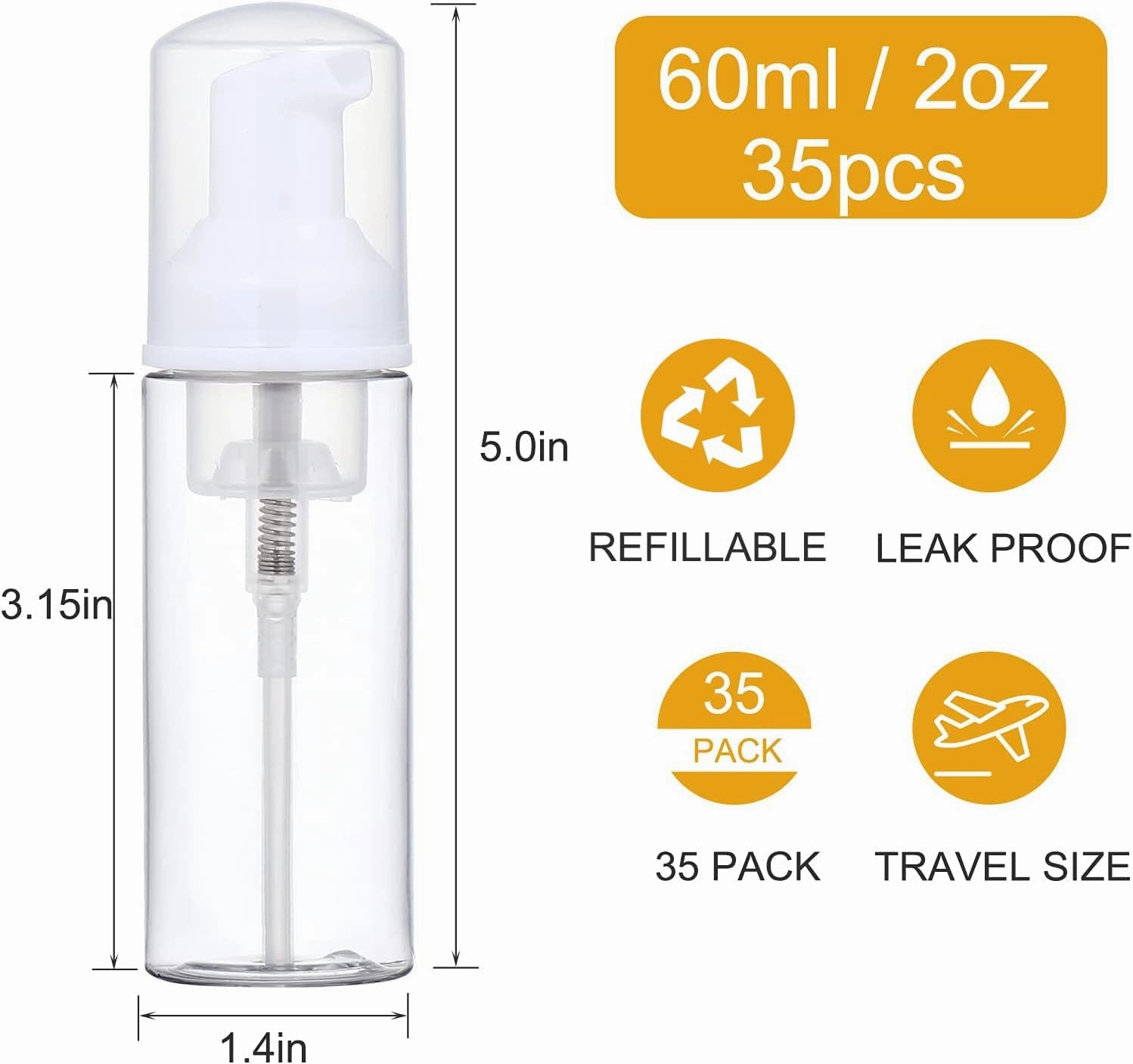 35 pcs 2oz Foam Soap Dispensers Mini Cleaning Plastic Refillable Travel Bottles with Pump for Hand Sanitizer Lash Shampoo Castile Liquid