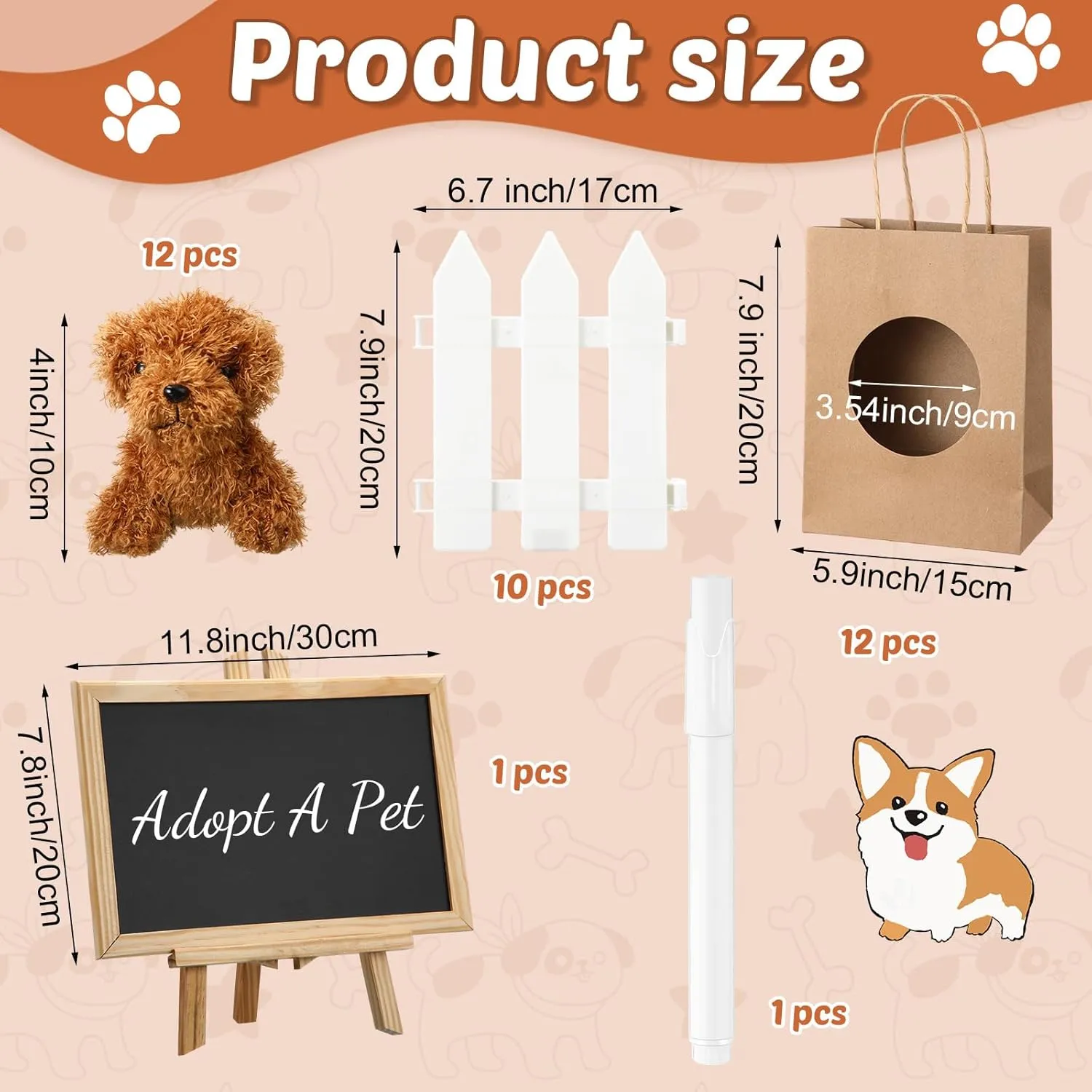36 Pcs Adopt a Pet Party Favors Mini Plush Stuffed Animal Set with 10 White Plastic Fence 12 Kraft Paper Gift Bags Wooden Chalkboard Sign Chalk Marker for Adopt a Puppy Dog Birthday Party(Classic)