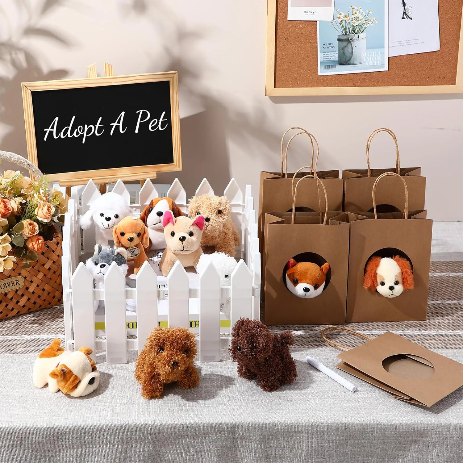 36 Pcs Adopt a Pet Party Favors Mini Plush Stuffed Animal Set with 10 White Plastic Fence 12 Kraft Paper Gift Bags Wooden Chalkboard Sign Chalk Marker for Adopt a Puppy Dog Birthday Party(Classic)