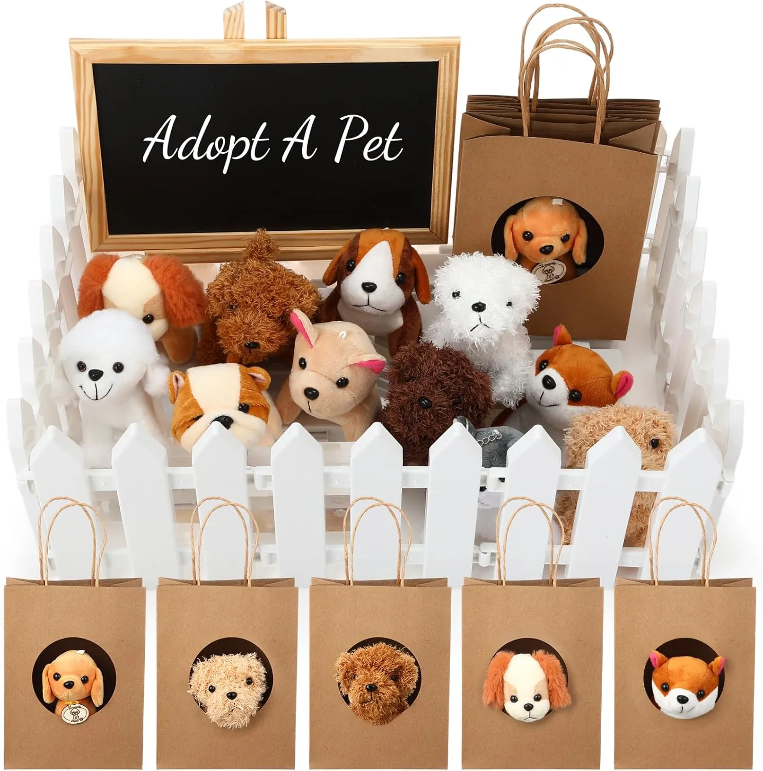 36 Pcs Adopt a Pet Party Favors Mini Plush Stuffed Animal Set with 10 White Plastic Fence 12 Kraft Paper Gift Bags Wooden Chalkboard Sign Chalk Marker for Adopt a Puppy Dog Birthday Party(Classic)