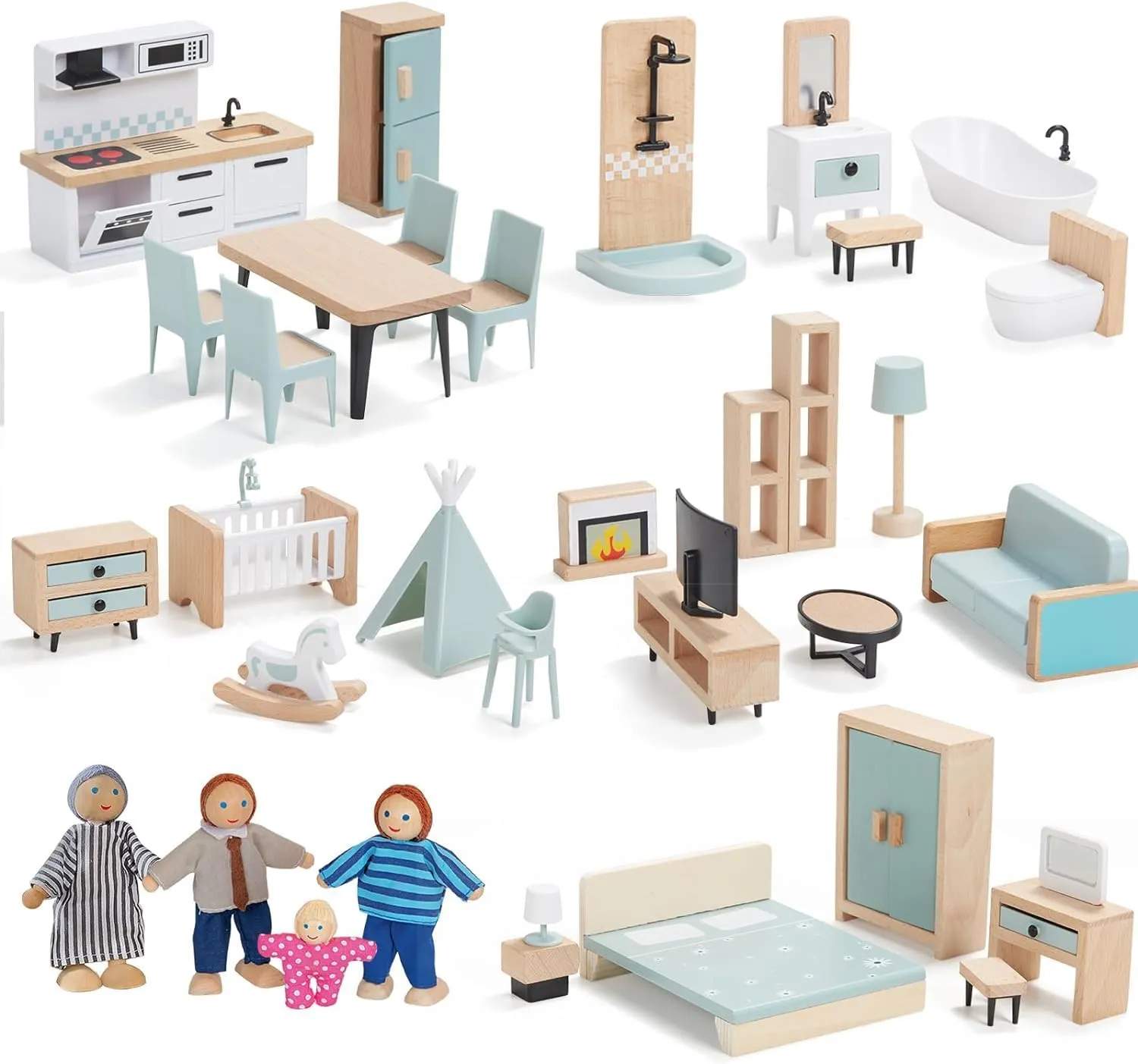 36pcs Wooden Dollhouse Furniture Set 5 Rooms with 4 Family Dolls, Wood and Plastic Blue Dollhouse Accessories, Pretend Play Furniture Toys Christmas Birthday Gift for Boys Girls & Kids Toddlers 3Y 