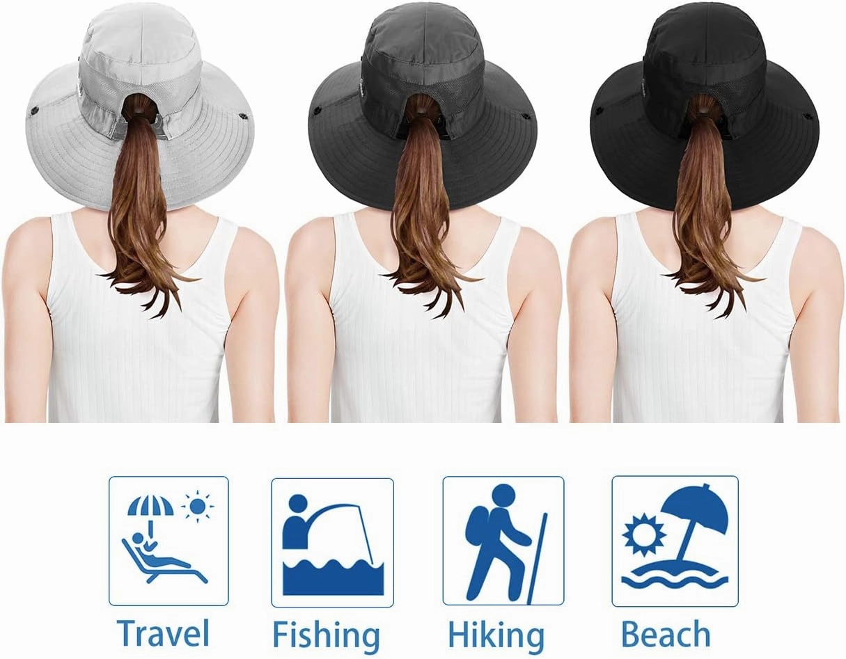 3 Pieces Womens Ponytail Wide Brim Sun Hat Packable UV Protection Beach Cap for Fishing & Hiking