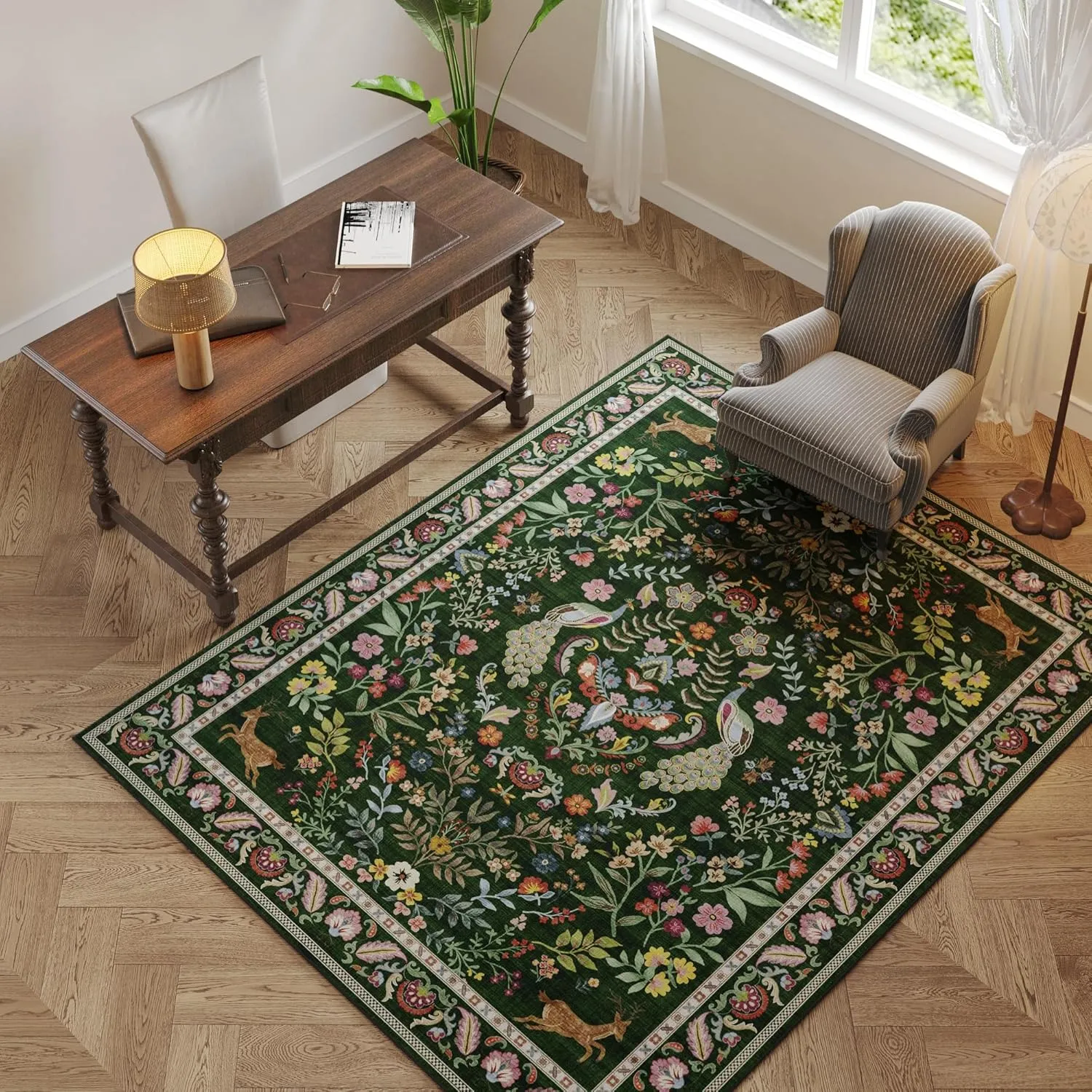3x5 Rug Washable Area Rug Floral Office Rug Non Slip Small Carpet for Bedroom, Bedside, Kitchen, Entryway, Kids Room, Office (Emerald Green)