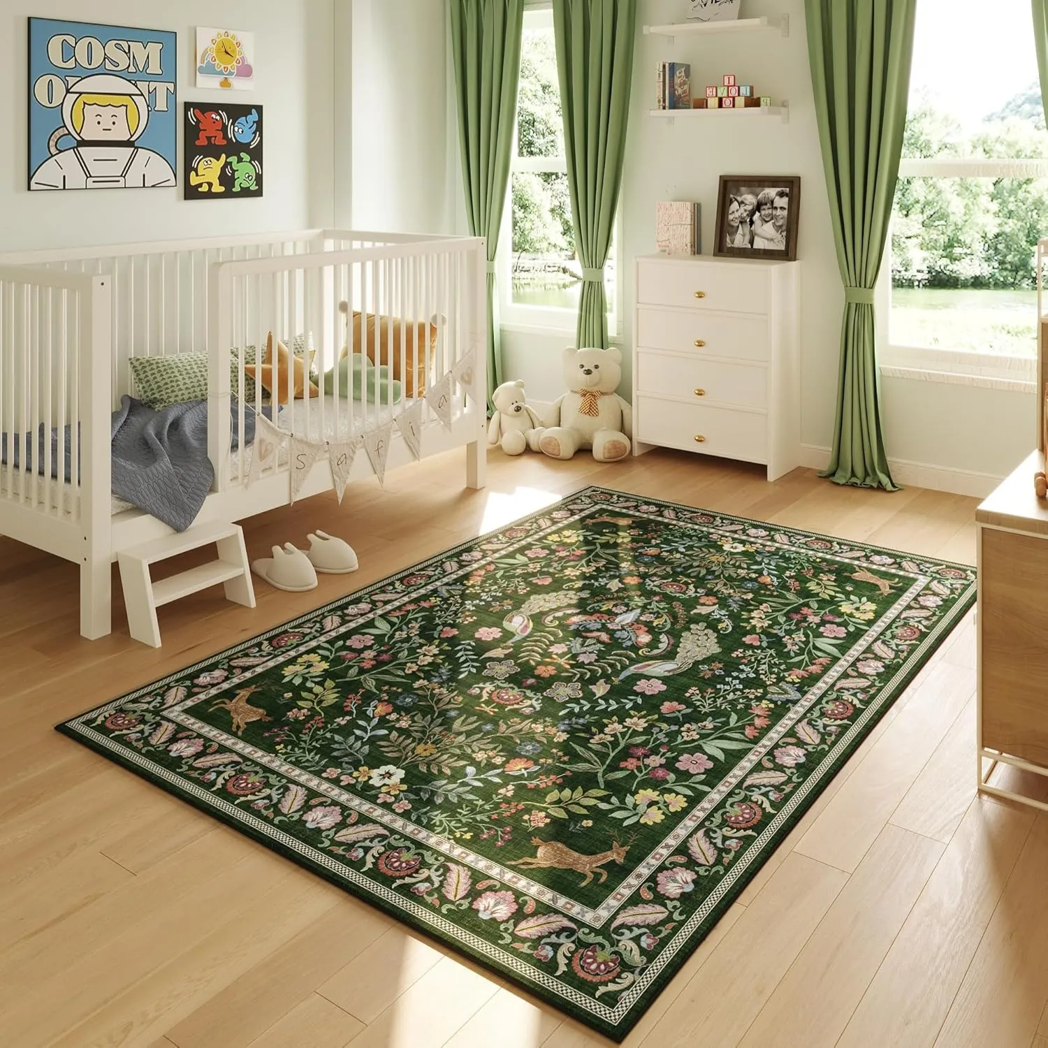 3x5 Rug Washable Area Rug Floral Office Rug Non Slip Small Carpet for Bedroom, Bedside, Kitchen, Entryway, Kids Room, Office (Emerald Green)