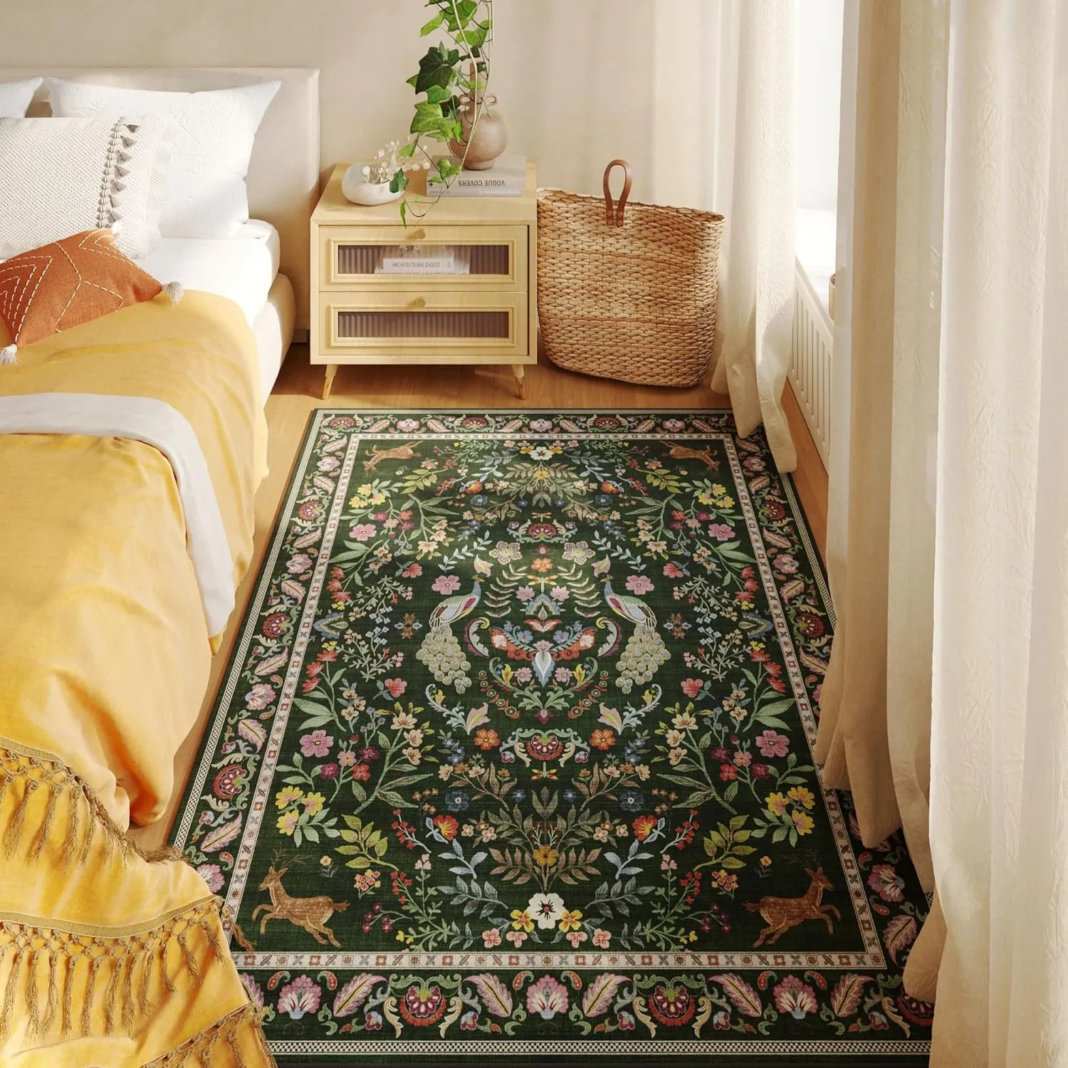 3x5 Rug Washable Area Rug Floral Office Rug Non Slip Small Carpet for Bedroom, Bedside, Kitchen, Entryway, Kids Room, Office (Emerald Green)