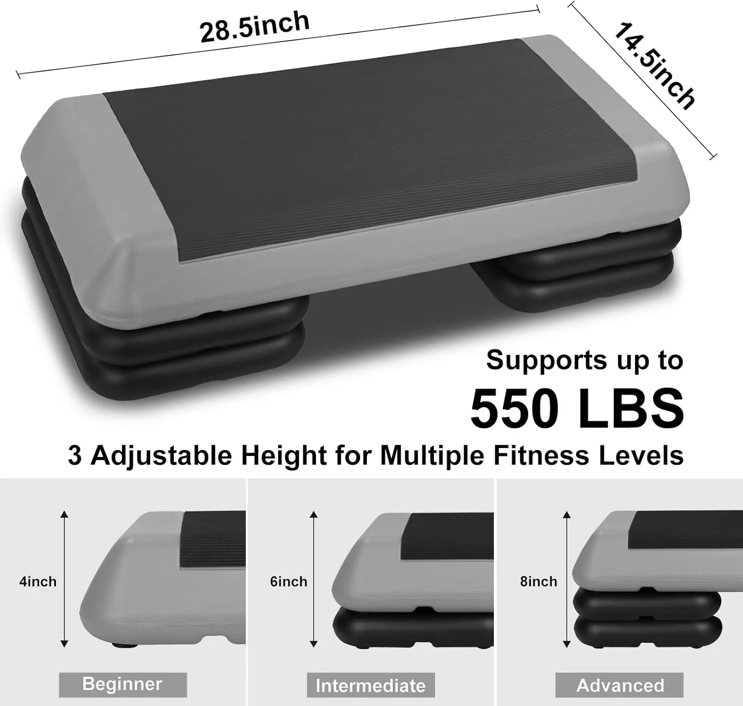 4''-6''-8''Adjustable Aerobic Stepper w/4 Risers Health Workout Step Platform for Sports & Fitness