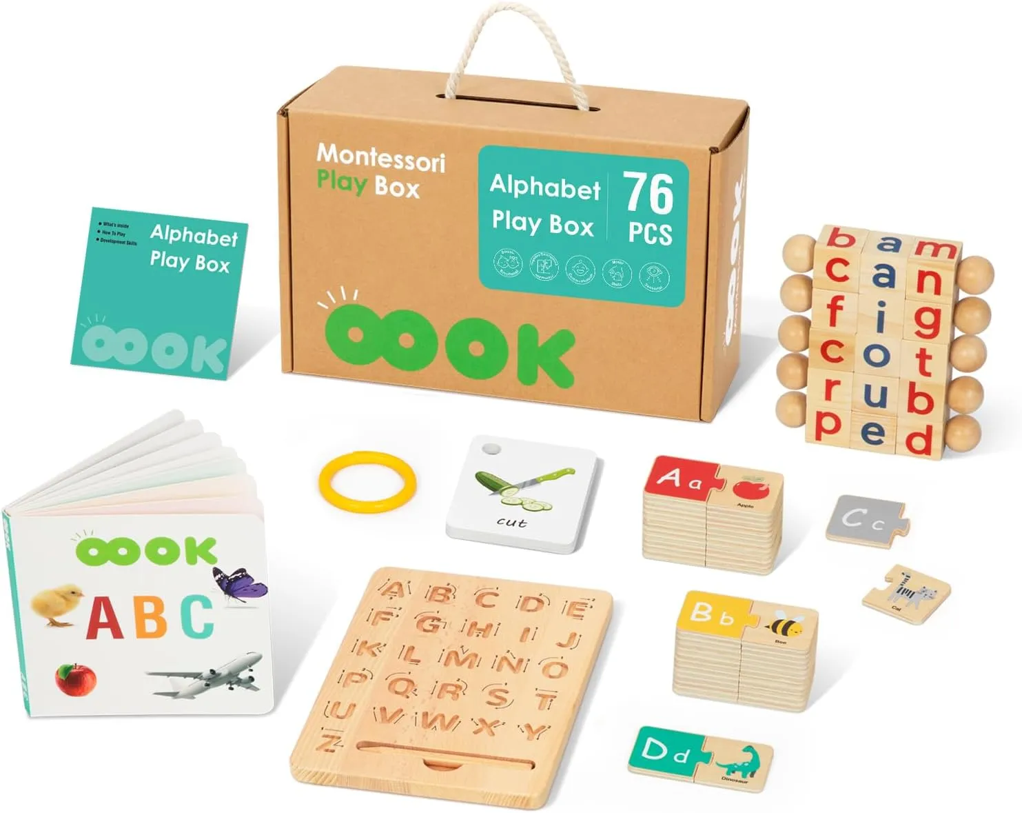 4 in 1 Montessori Set Alphabet Learning Toys Includes Wooden Letters Practicing Board, Spelling Games with Flash Cards, Book, and Letter Puzzle, Educational Toys for 3 4 5 Year Old