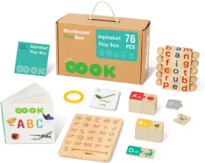 4 in 1 Montessori Set Alphabet Learning Toys Includes Wooden Letters Practicing Board, Spelling Games with Flash Cards, Book, and Letter Puzzle, Educational Toys for 3 4 5 Year Old