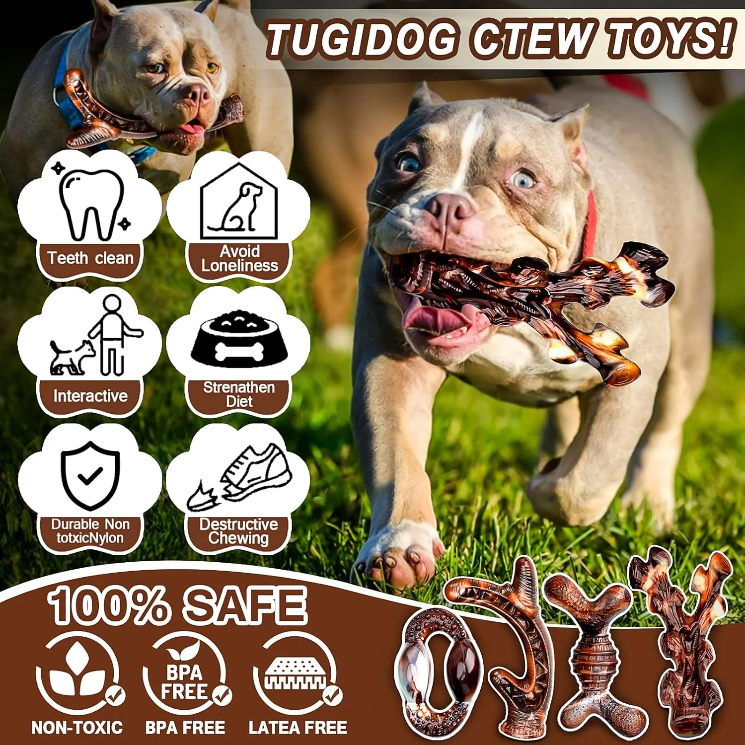4-Pack Dog Chew Toys for Aggressive Chewers, Long Lasting Heavy Duty Chewing, Boredom and Stimulation for Medium Breeds, Tough Almost Indestructible Dog Bones Teeth Cleaning Toy