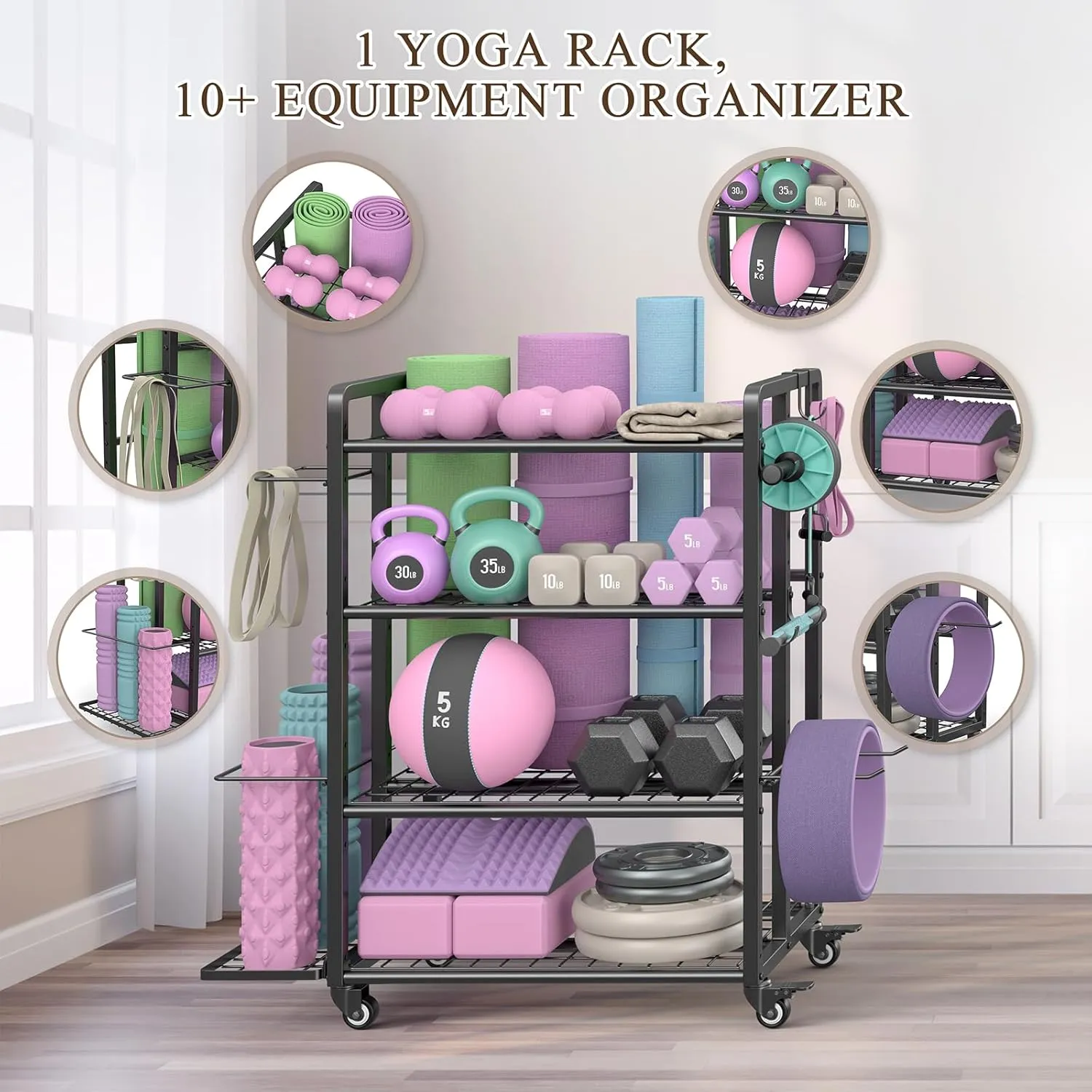 4-Tier Dumbbell Rack Stand Only, 600LB Capacity Adjustable Weight Rack for Dumbbells Kettlebells Yoga Mat, Home Gym Storage Rack with Wheels and Hooks, Powder Coated Finish
