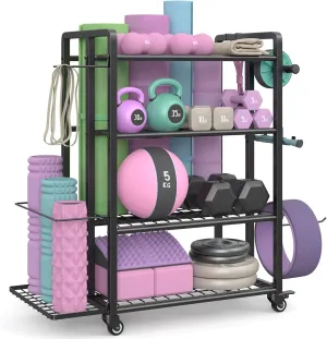 4-Tier Dumbbell Rack Stand Only, 600LB Capacity Adjustable Weight Rack for Dumbbells Kettlebells Yoga Mat, Home Gym Storage Rack with Wheels and Hooks, Powder Coated Finish