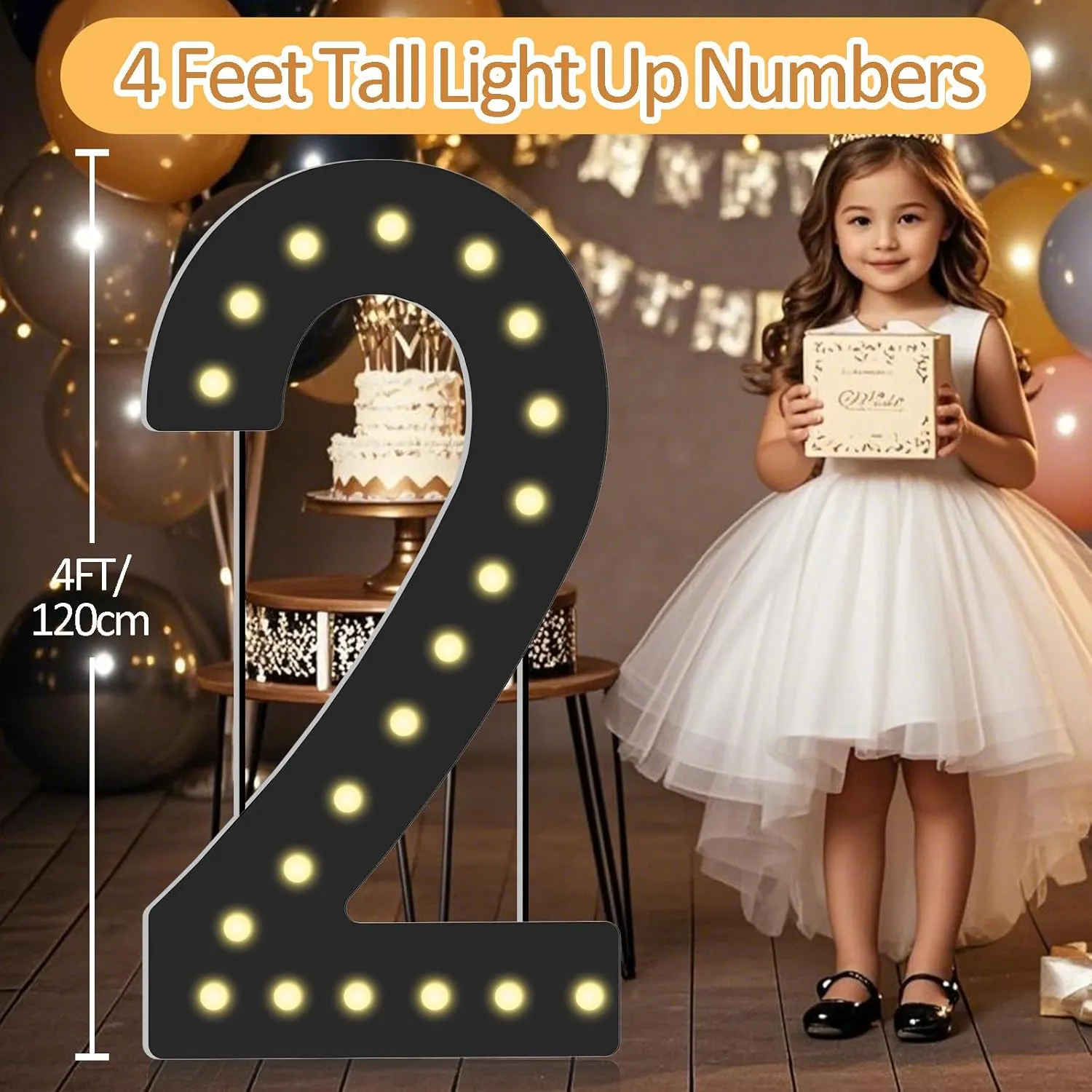 4FT Light Up Numbers,Black Giant Marquee Number Big Mosaic Number 2,Pre-Cut Foam Board Set Can Be Used for Birthdays,Weddings,Baby Anniversaries