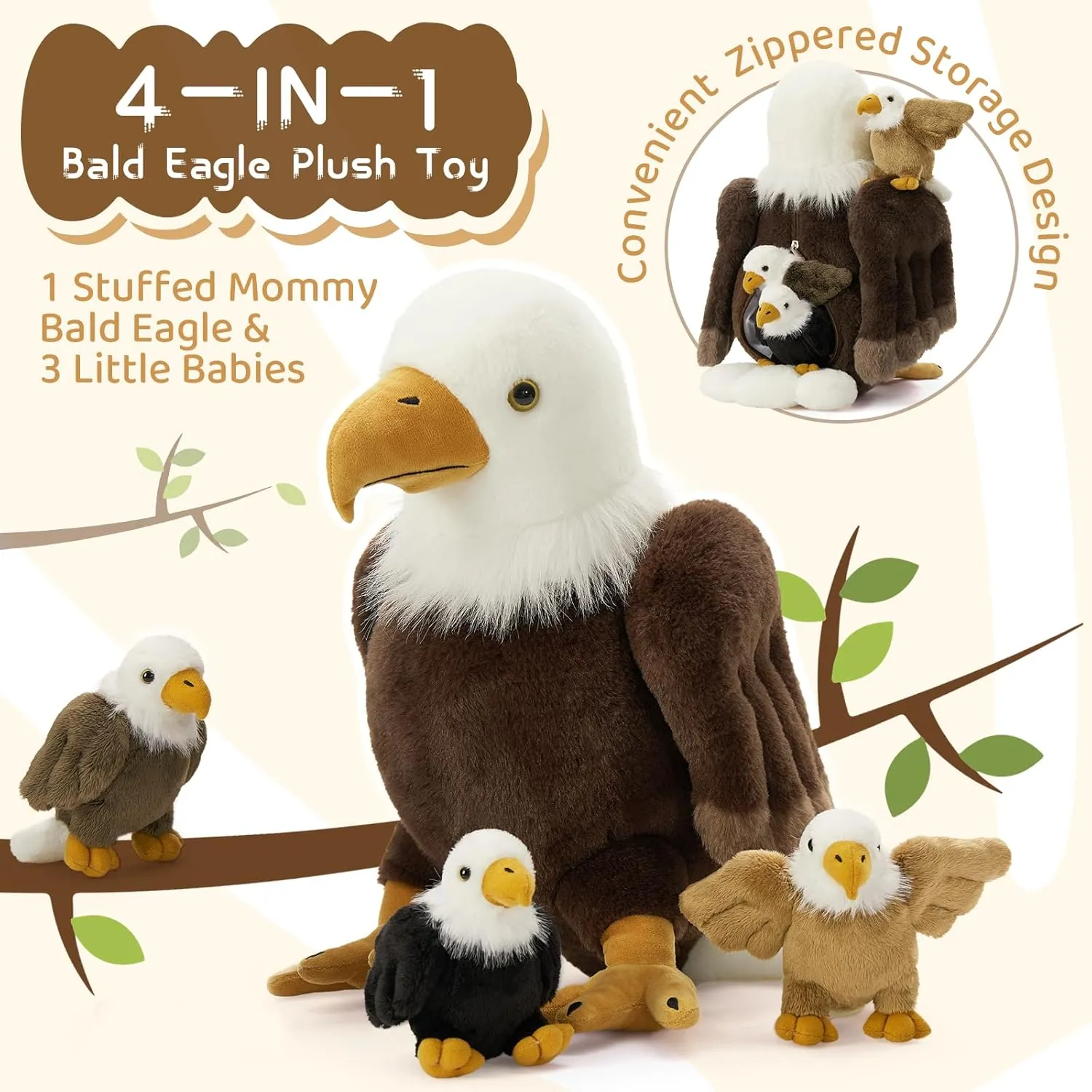 4Pcs Bald Eagle Stuffed Animal Plush, 18 Inch Mommy Eagle Plush with 3 Baby Bald Eagles, Stuffed Bald Eagle Plushie Toy Gifts for Boys and Kids