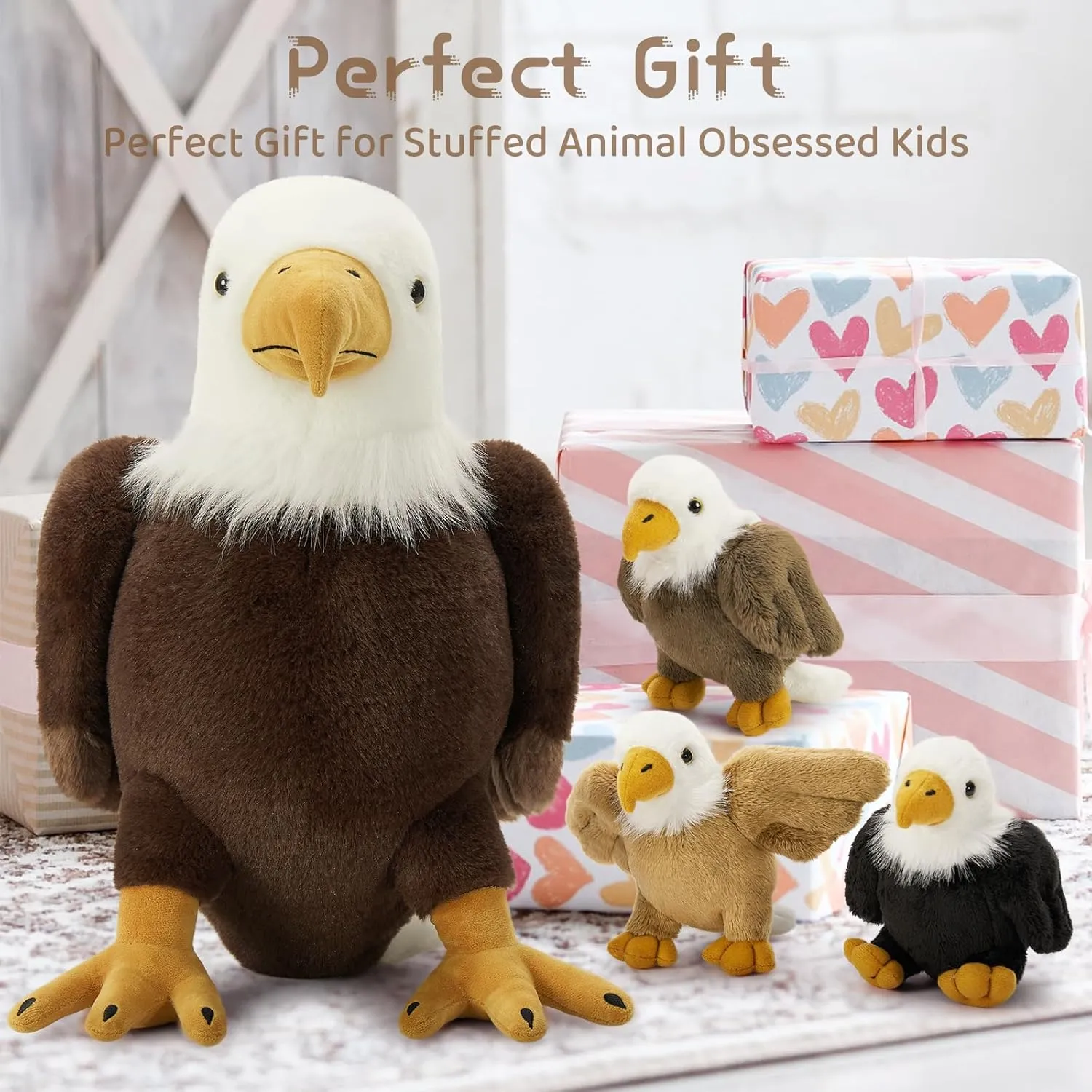 4Pcs Bald Eagle Stuffed Animal Plush, 18 Inch Mommy Eagle Plush with 3 Baby Bald Eagles, Stuffed Bald Eagle Plushie Toy Gifts for Boys and Kids