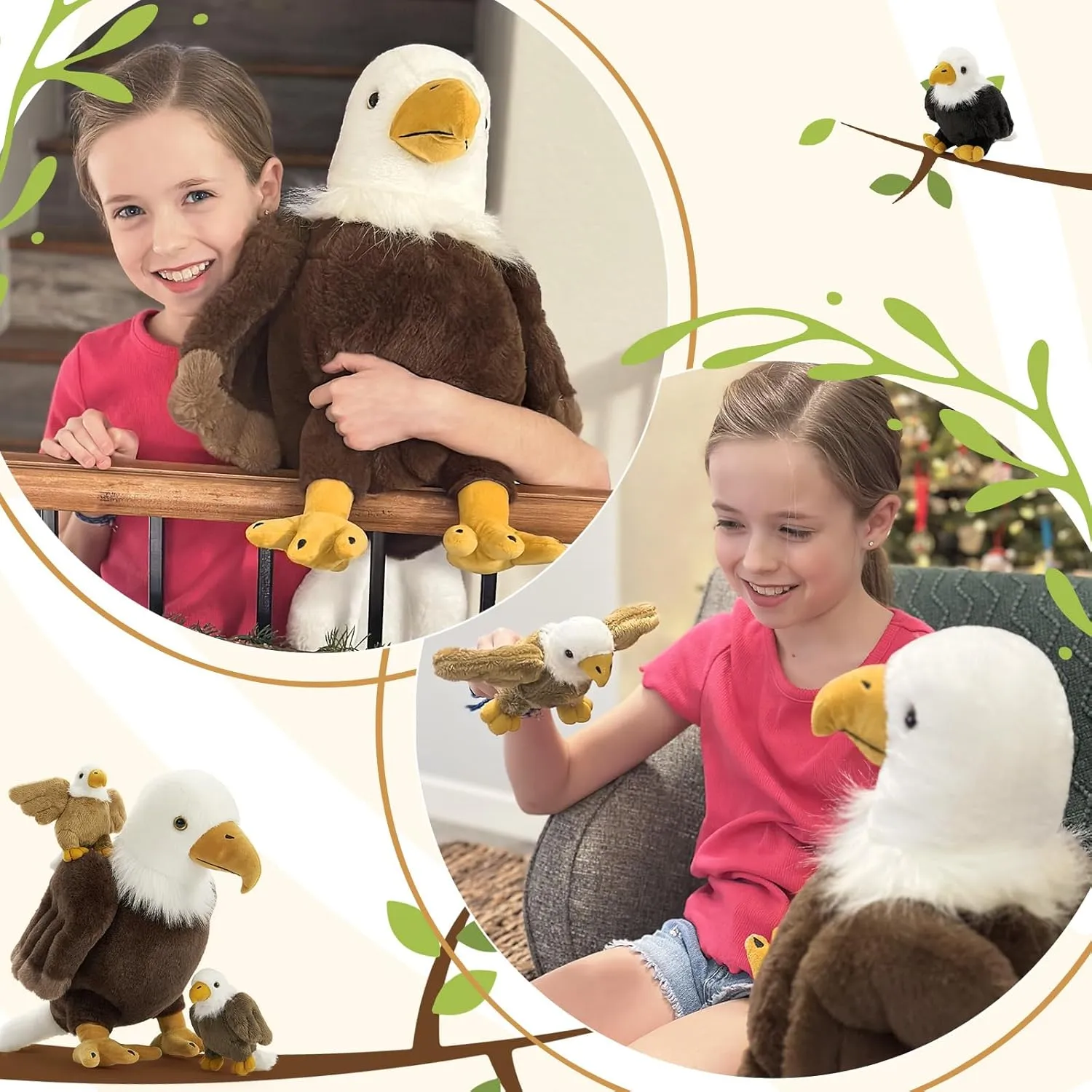 4Pcs Bald Eagle Stuffed Animal Plush, 18 Inch Mommy Eagle Plush with 3 Baby Bald Eagles, Stuffed Bald Eagle Plushie Toy Gifts for Boys and Kids