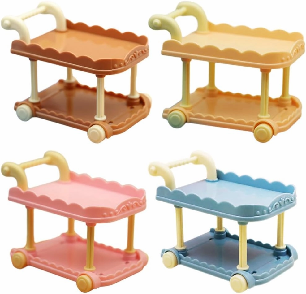 4pcs Dollhouse Dining Cart Models Toy Furniture Car Decor Shelf Decor Mini Kitchen Ornament Mini Kitchen Decor Mini Dinning Car Ornaments Miniature Shelf Food Truck Plastic Desktop