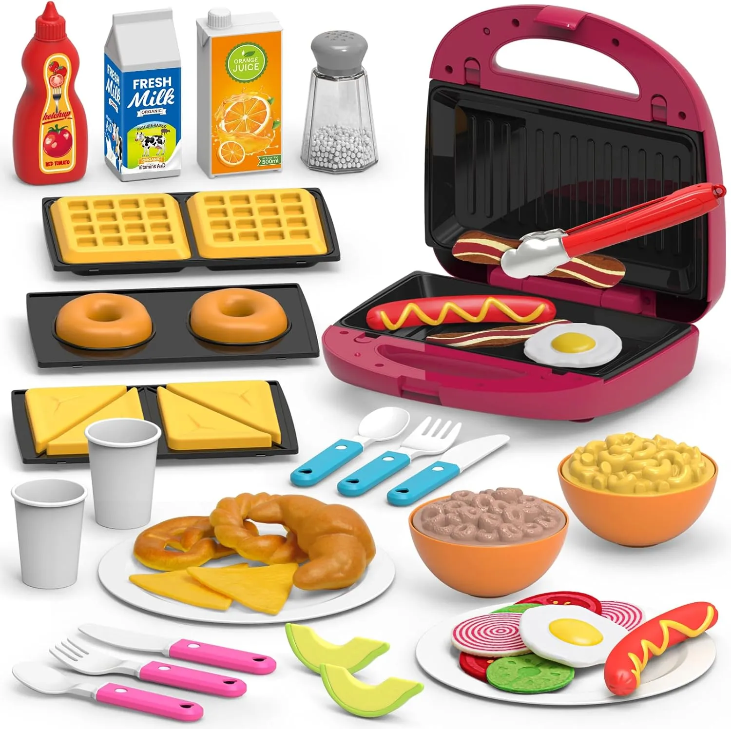 50Pcs Kids Pretend Play Breakfast Food Kitchen Toy Set, Waffle Maker Sandwich Machine with Light Sound and Accessories Include Food, Dishes & Utensil for Role Play Educational Toys for Kids Boys Girls
