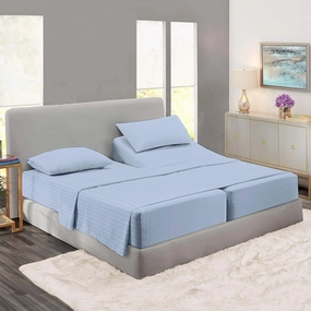5 Piece Split Cal King Sheets Sets For Adjustable Bed Cotton-Split California King Sheets Sleep Number Bed-Adjustable Split Bed Sheets-100% Cotton-400 Thread Count-16" Deep Pocket(Light Blue Stripe)