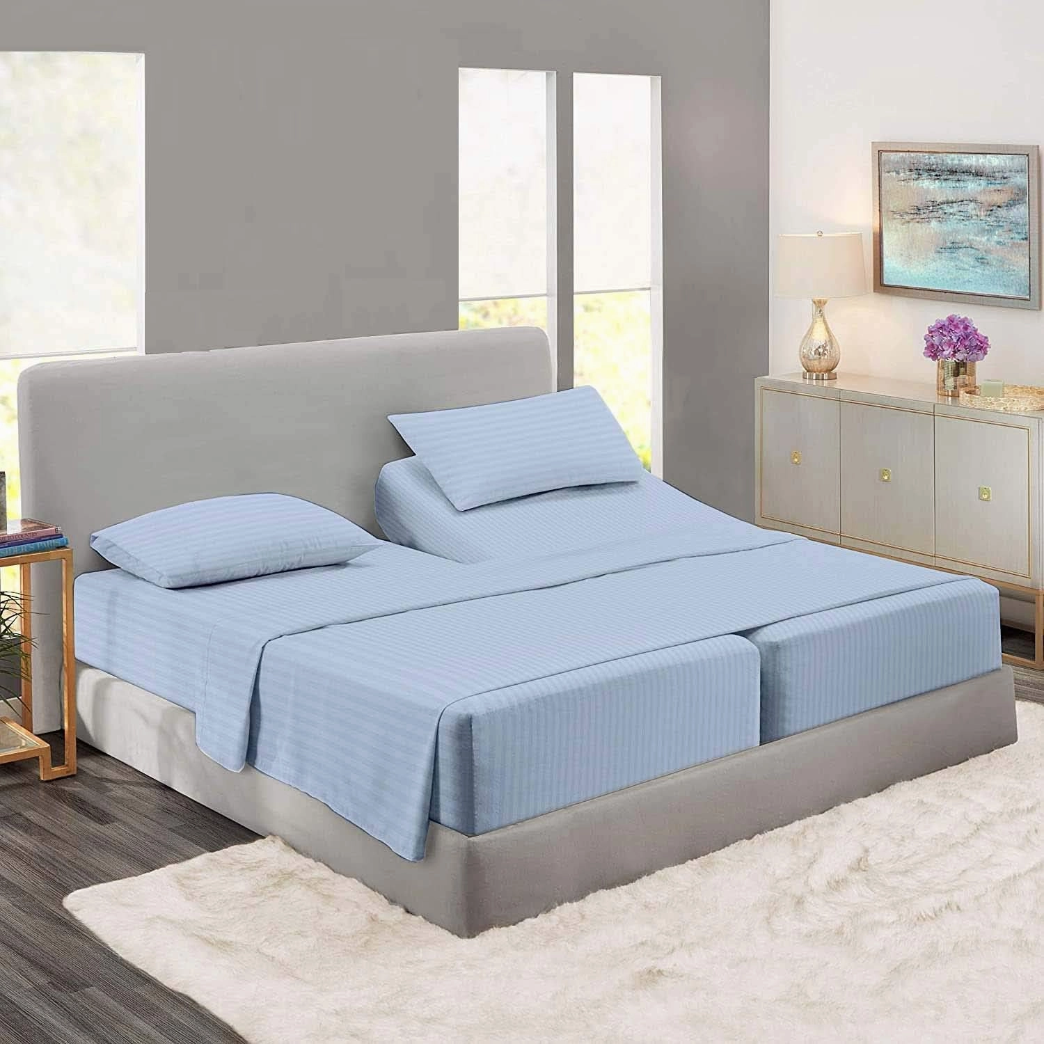 5 Piece Split Cal King Sheets Sets For Adjustable Bed Cotton-Split California King Sheets Sleep Number Bed-Adjustable Split Bed Sheets-100% Cotton-400 Thread Count-16" Deep Pocket(Light Blue Stripe)
