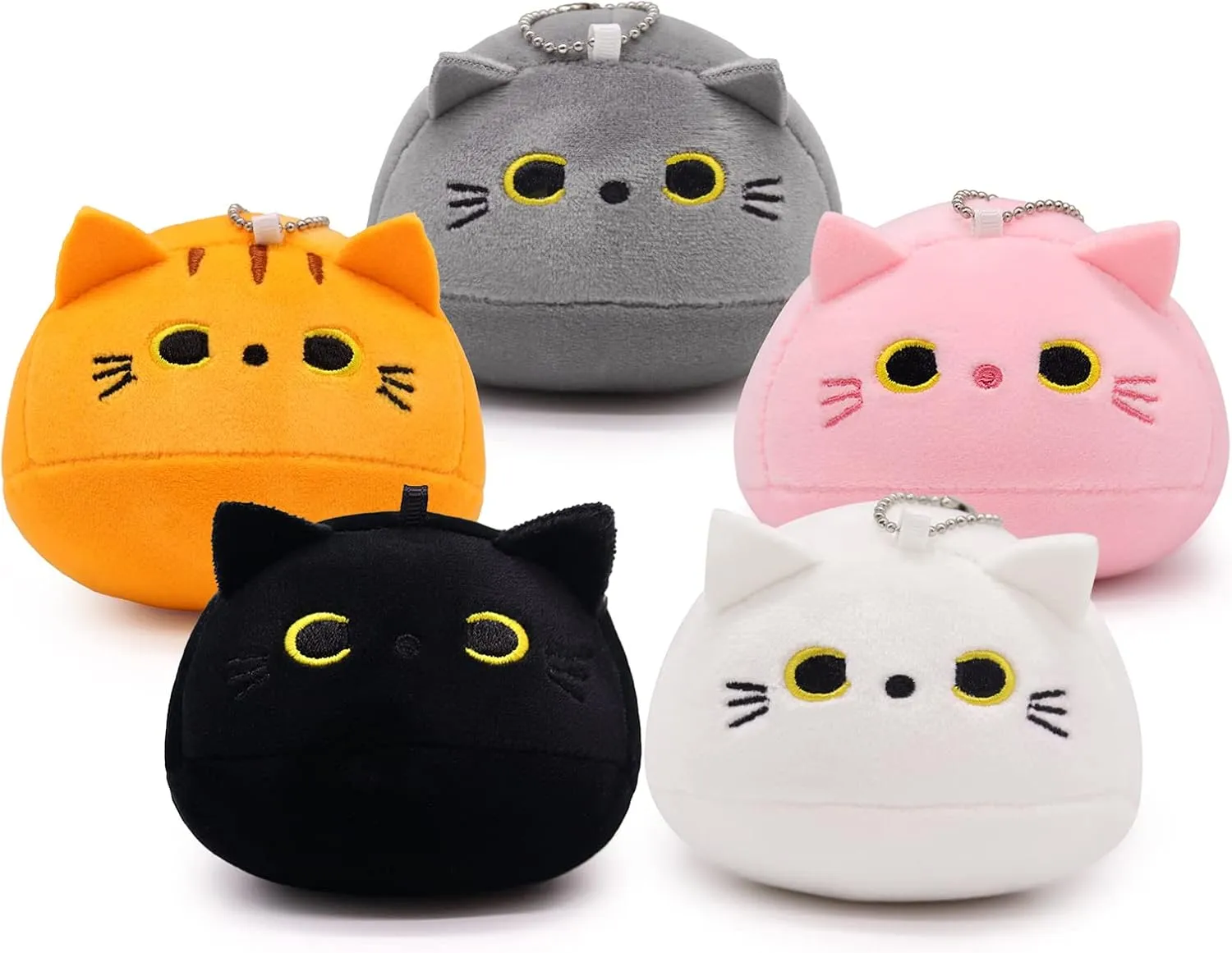 5pcs 2inch Mini Cat Stuffed Animals Keychain, Black Cat Plush Gray White Yellow Pink Cat Stuffed Animal Toys, Kawaii Birthday Party Decors Graduation Party Class Awards for Kids