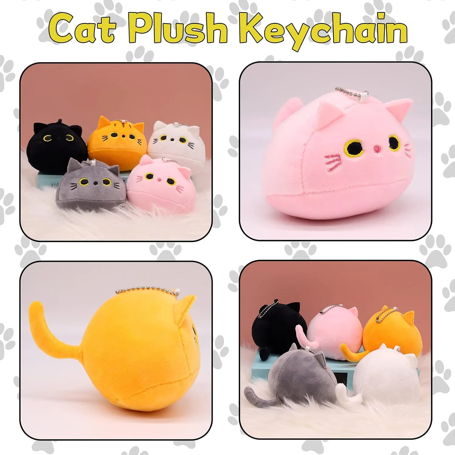 5pcs 2inch Mini Cat Stuffed Animals Keychain, Black Cat Plush Gray White Yellow Pink Cat Stuffed Animal Toys, Kawaii Birthday Party Decors Graduation Party Class Awards for Kids