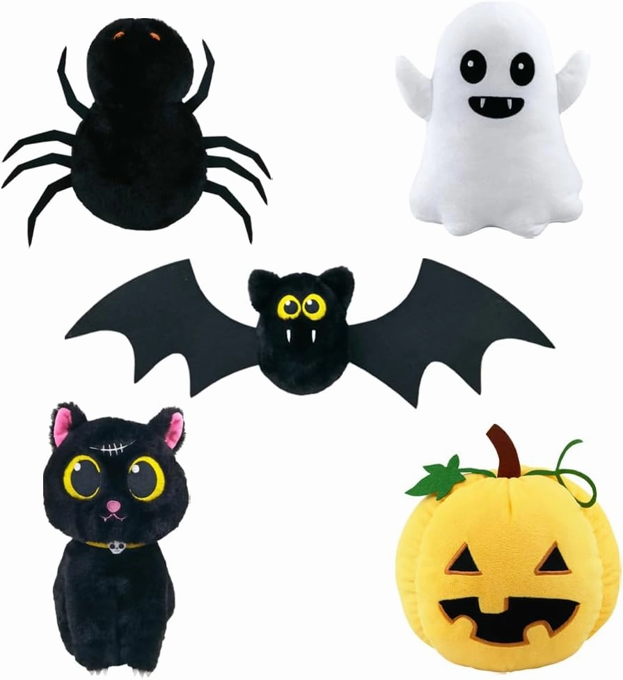 5PCS Halloween Bat Pumpkin Cute Ghost Spider Black Cat Living Room Decoration Pet Toy Doll Plush Toddlers Toys for Birthday