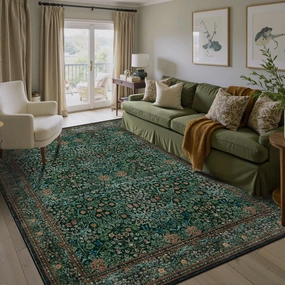 5x7 Area Rugs for Living Room Bedroom, Large Washable Rug, Green Vintage Floral Boho Rug, Non Slip & Low Pile Faux Wool Thin Carpet for Indoor Dining Room and Kids Room(Dark Green 5x7ft)